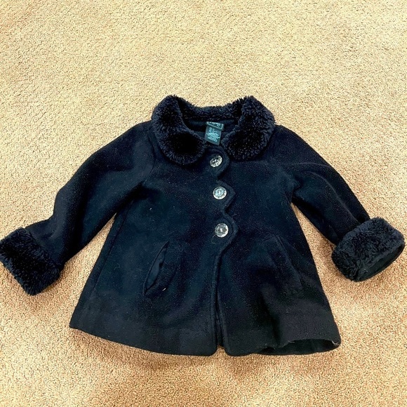 CYNTHIA ROWLEY Baby Girls Black Peacoat with Faux Fur Accents Size 2T - Picture 1 of 4